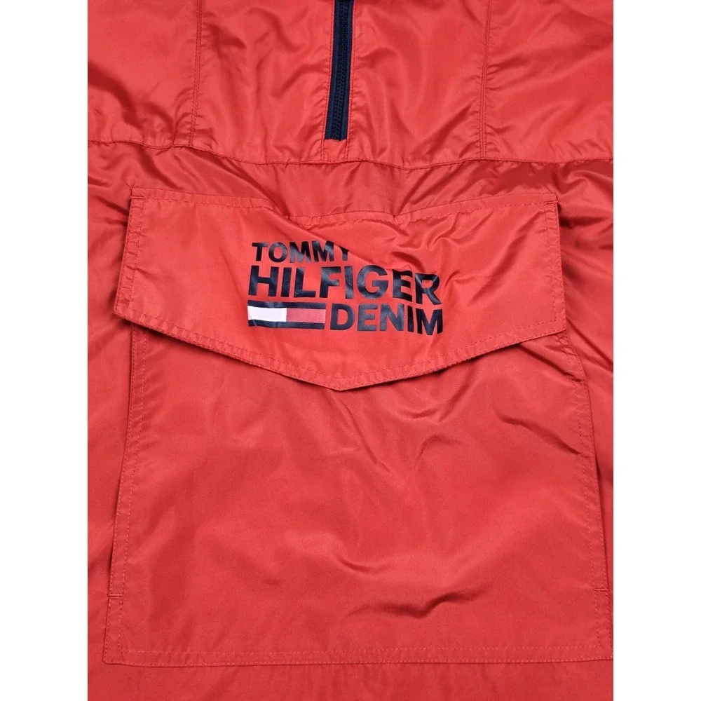 Tommy Hilfiger Denim Mens XL. Windbreaker Qt Zip Hooded Red Pullover Y2K Jacket‎